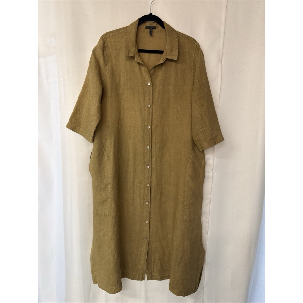 OSKA Shirt Dress Tunic Size 3 Linen Lagenlook Midi Button Front Brown Mustard